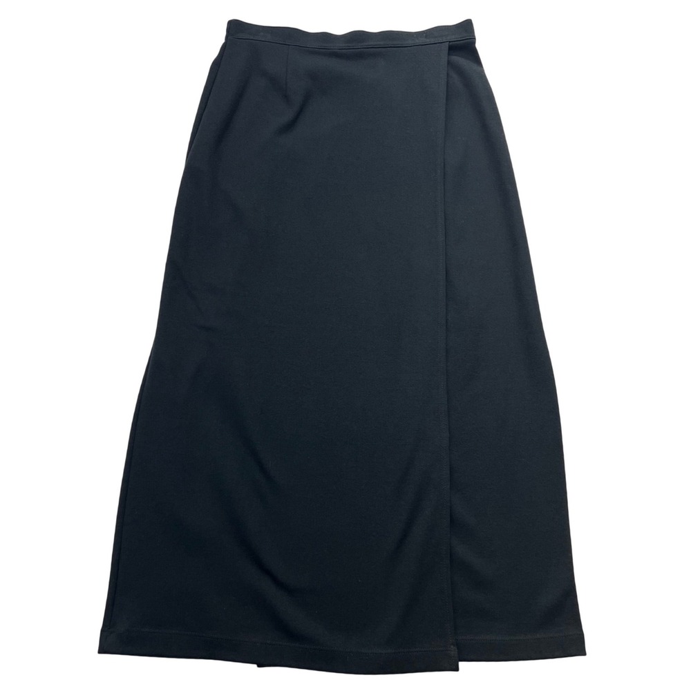 Lands'‎ End Faux Wrap Maxi Skirt Womens M Black Cotton Jersey Elastic Back VTG